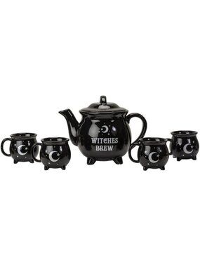 Wicca Witchcraft Crescent Moon & Stars Black Cauldron Teapot & 4 Mugs Set